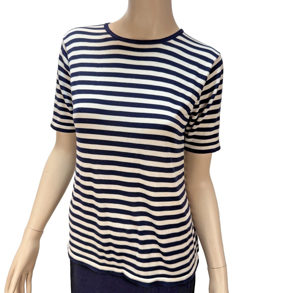 August Silk Womens Short Sleeve Striped Knit Top Size S Navy Ivory Silk Classic